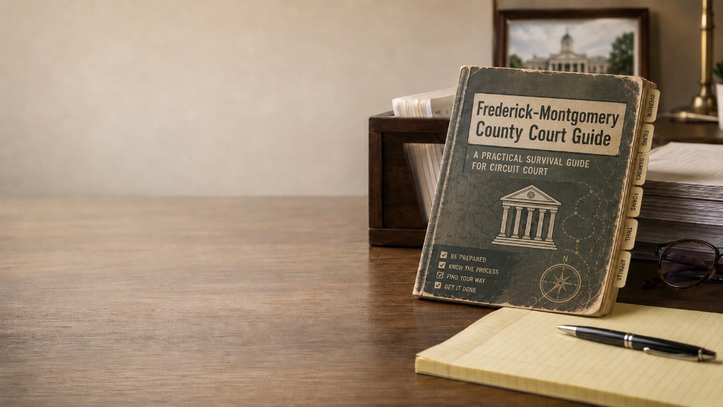 Frederick-Montgomery County Court Guide on desk with legal pad, case files, and courthouse preparation materials.