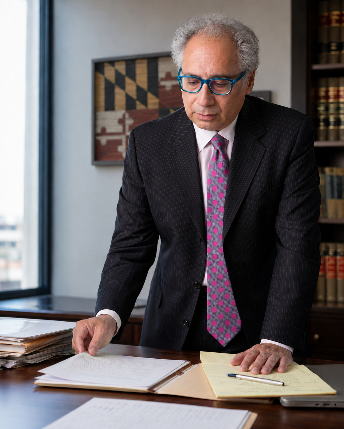 Rob Kamrad reviewing case documents in the downtown Frederick office.